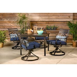 Montclair 5-Piece Metal Outdoor Dining Set with Navy Blue Cushions, Swivel Rockers and Table