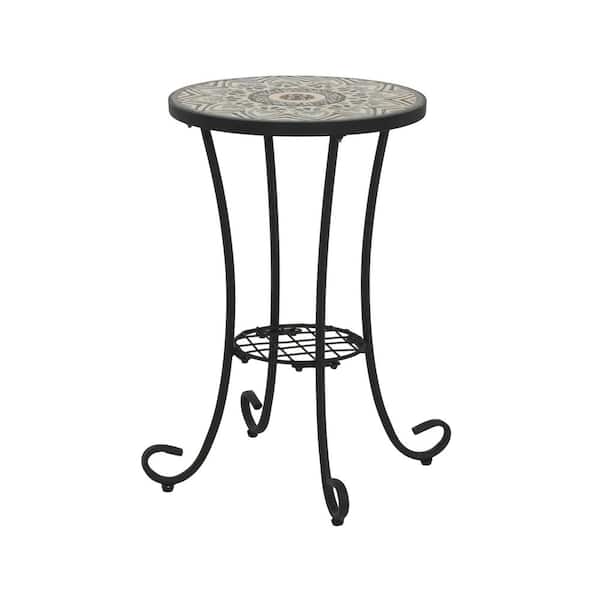 Brown Black Round Ceramic Outdoor Accent Table with Shelf