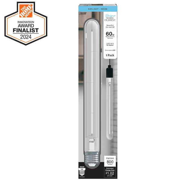 60-Watt Equivalent T10XL Dimmable Straight Thin White Filament Clear Glass E26 Edison LED Light Bulb, Daylight 5000K