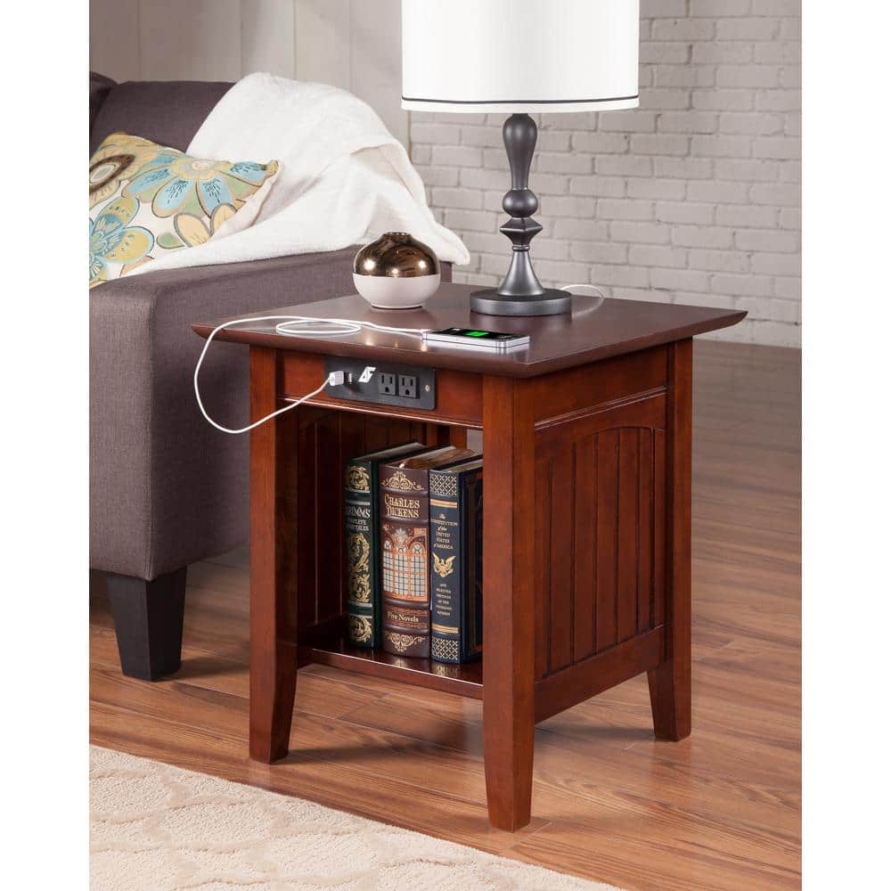Walnut Rectangular Wood End Table with USB Charging Ports