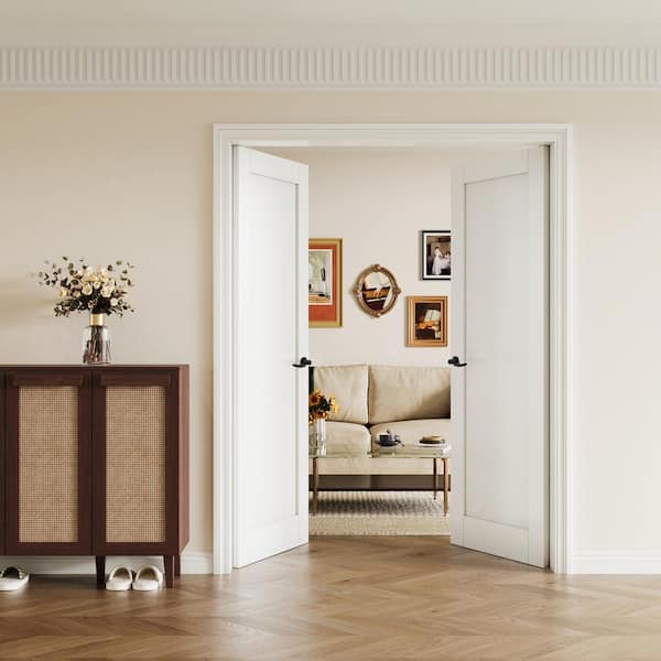 60 in. x 80 in. Paneled Blank 1-Lite White Solid Core MDF Universal Handed Double Prehung French Door with Assemble Jamb