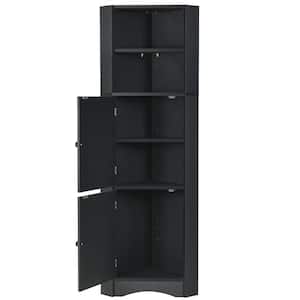 15 in. L x 15 in. W x 61 in. H in Black Ready to Assemble High Bathroom Corner Cabinet, Freestanding Storage with Doors