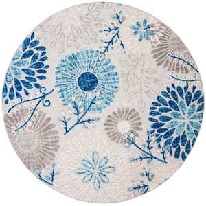 Cabana Gray/Blue 3 ft. x 3 ft. Floral Leaf Indoor/Outdoor Patio  Round Area Rug