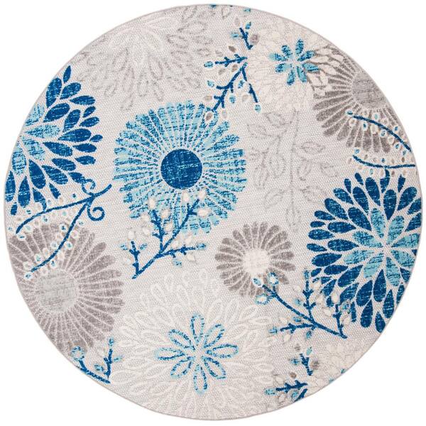 SAFAVIEH Cabana Gray/Blue 3 ft. x 3 ft. Floral Leaf Indoor/Outdoor Round Area Rug