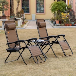 Steel Outdoor Lounge Chair in Brown Set of 2, Folding Zero Gravity Chairs with Side Table, Cupholders and Headrest