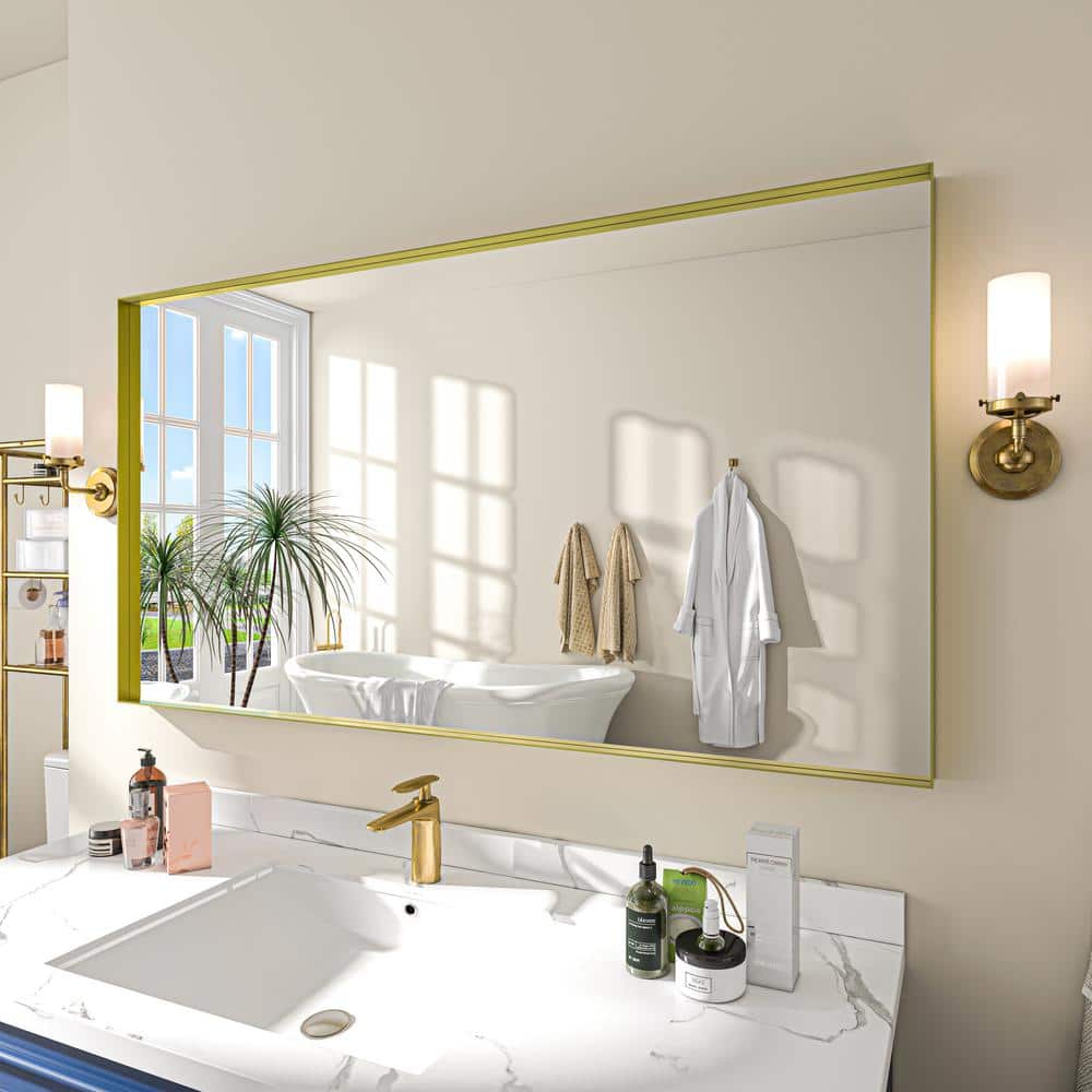 55 in. W x 30 in. H Rectangular Aluminum Framed Wall Bathroom Vanity Mirror in Gold price drop on PriceWatchPro