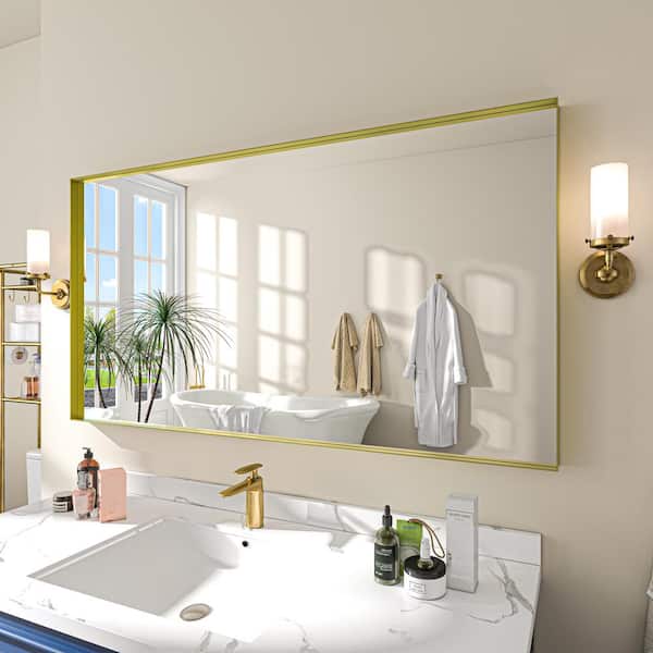 55 in. W x 30 in. H Rectangular Aluminum Framed Wall Bathroom Vanity Mirror in Gold
