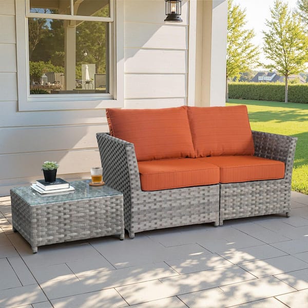 Vanilla 3 Pieces Wicker Patio Conversation Seating Sofa Set with Orange Red Cushions