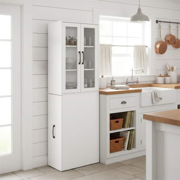 QUICK Cloud White MDF Buffet with 2 Glass Doors and Pull-Out Storage Shelf, for Kitchen
