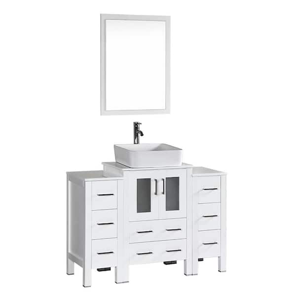 Bosconi 48 in. W Single Bath Vanity in White with Pheonix Stone Vanity Top with White Basin and Mirror