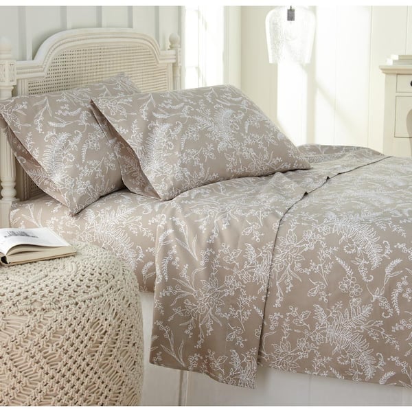 Southshore Fine Linens Winter Brush 3-Piece White Botanical on Sand Microfiber Twin Deep Pocket Sheet Set