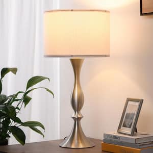 26.8 in. Brushed Nickel Touch Control Table Lamp Set with Beige Shade and USB Port (Set of 2)