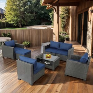 7-Piece Wicker Outdoor Patio Conversation Furniture Seating Set with Dark Blue Cushions and Coffee Table