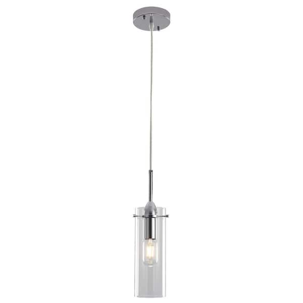 ADSENSTY 1 Light Chrome Dimmable Cylinder Kitchen Island Pendant with Clear Glass,No Bulbs Included