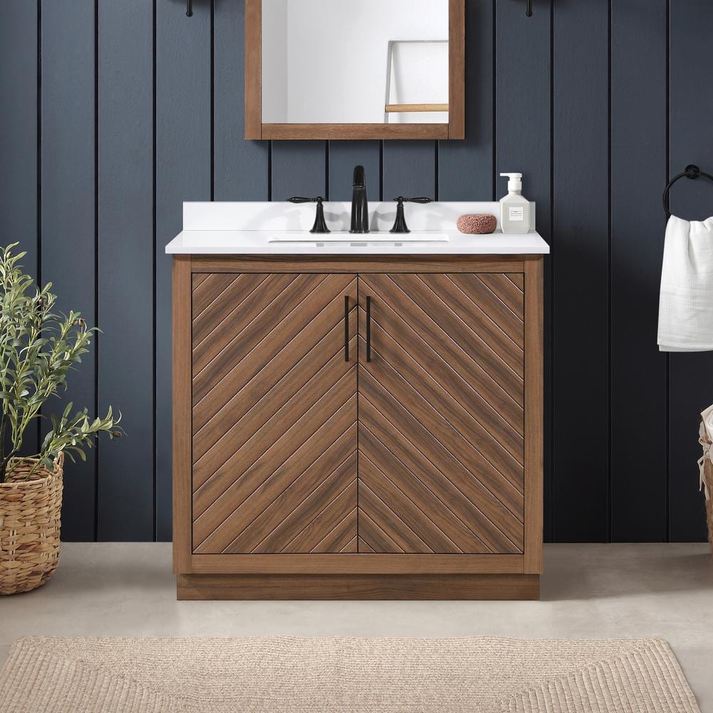 Glacier Bay Huckleberry 36 in. W x 19 in. D x 34.5 in. H Single Sink Bath Vanity in Spiced Walnut with White Engineered Stone Top