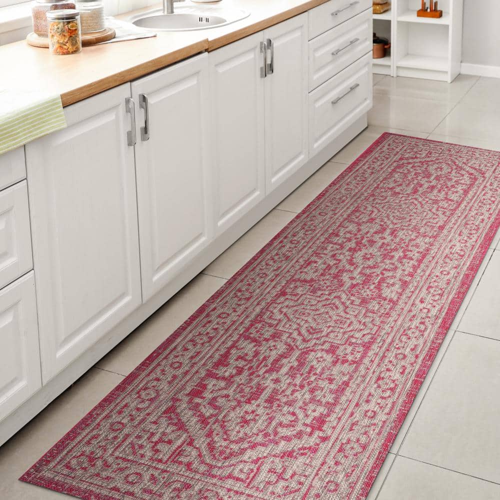 Sinjuri Fuchsia/Light Gray 2 ft. x 8 ft. Medallion Textured Weave Indoor/Outdoor Area Rug price history on PriceWatchPro