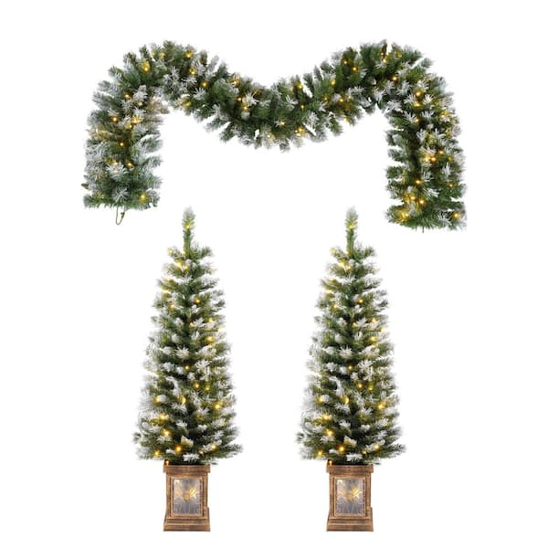 3-Piece Artificial Christmas Wreath and 2-4 ft. Pre-lit Entrance Trees Christmas Trees with LED Lights, Easy Assembly