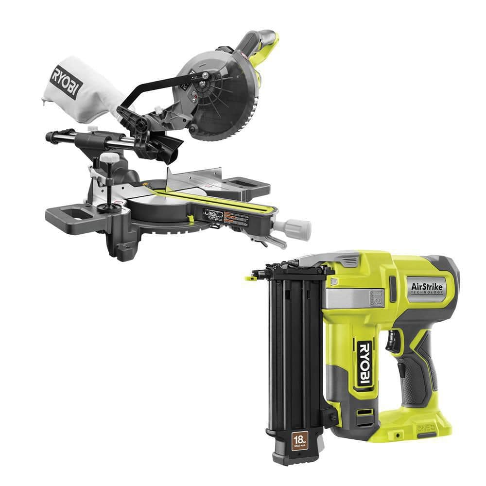 RYOBI ONE+ 18V Cordless 2-Tool Combo Kit with 7-1/4 in. Sliding Compound  Miter Saw and AirStrike Brad Nailer (Tools Only) PBT01B-P321 - The Home  Depot