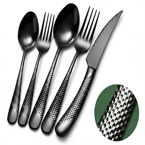 20-Piece Hammered Black Flatware Set Service for 4, 18/10 Stainless Steel Cutlery with Serrated Knives