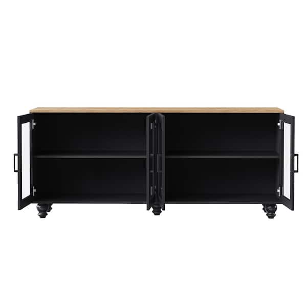 Black Farmhouse TV Stand with Tempered Glass Doors for TVs Up to 70 in. Versatile Sideboard with Adjustable Shelves