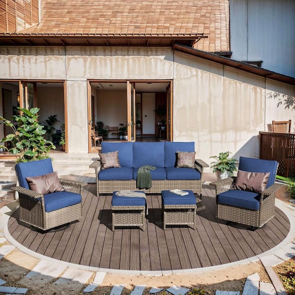 Buenaola Nyajiah 5-Piece Wicker Patio Conversation Set with Blue Cushions