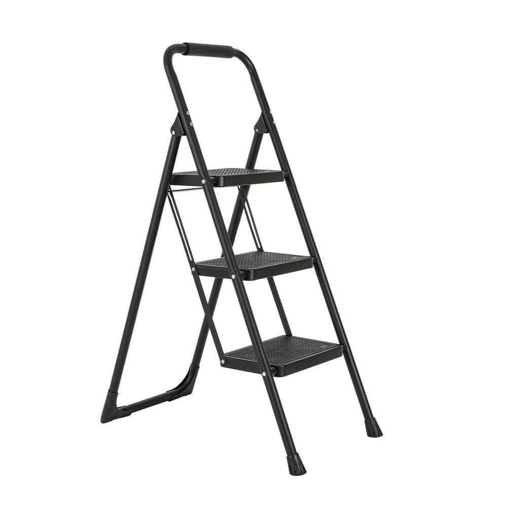 maocao hoom 3.5 ft. Reach Aluminum 3-Step Foldable Iron Ladder, Non-Slip Ladder Loading 330 lbs. for Home, Kitchen, Office (Black) CXY-P185020