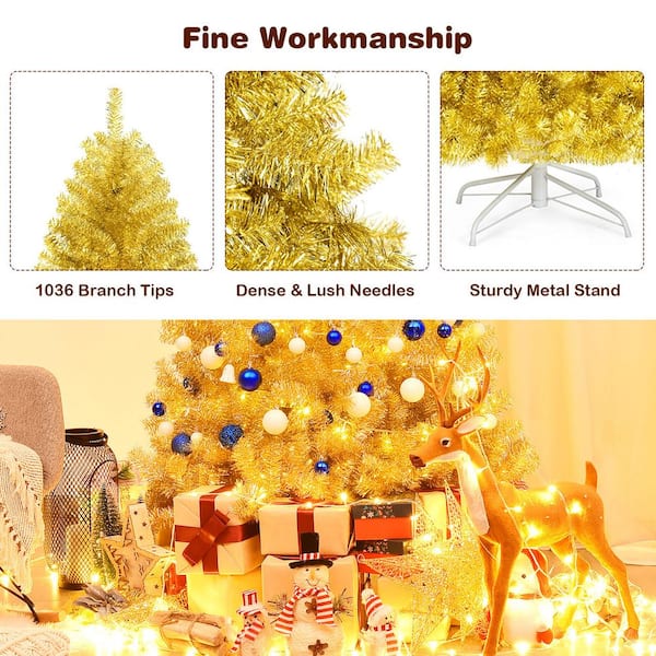KARMAS PRODUCT 6 ft Artificial Christmas Tree Needle 212 Tips PET Branches  with Gold Glitter, Metal Tree Stand and Xmas Decorations 