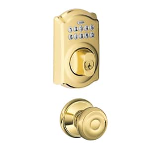 Camelot Keypad Electronic Door Lock Deadbolt and Georgian Knob in Bright Brass