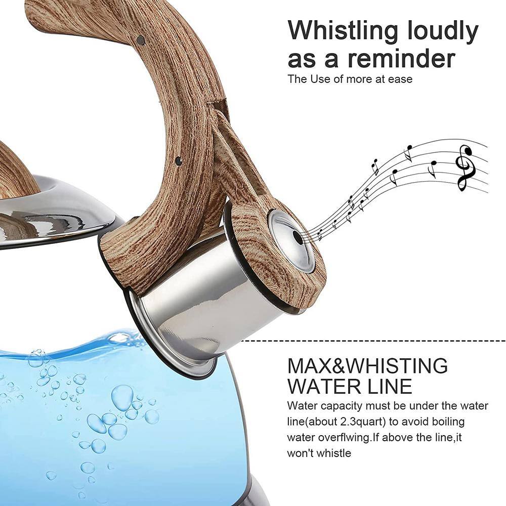 2.3 Quart Black Stainless Steel Whistling Tea Kettle with Wood Handle