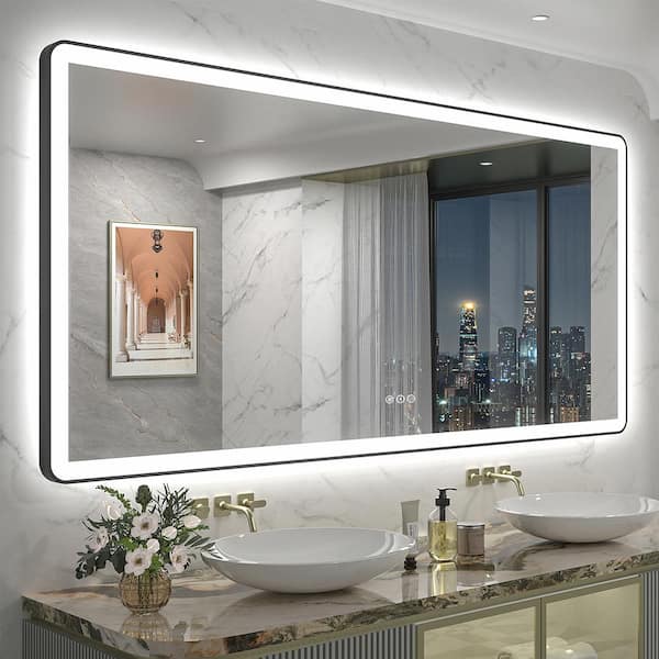Apmir 72 in. W x 36 in. H Rectangular Framed Front & Back LED Lighted Anti-Fog Wall Bathroom Vanity Mirror in Tempered Glass