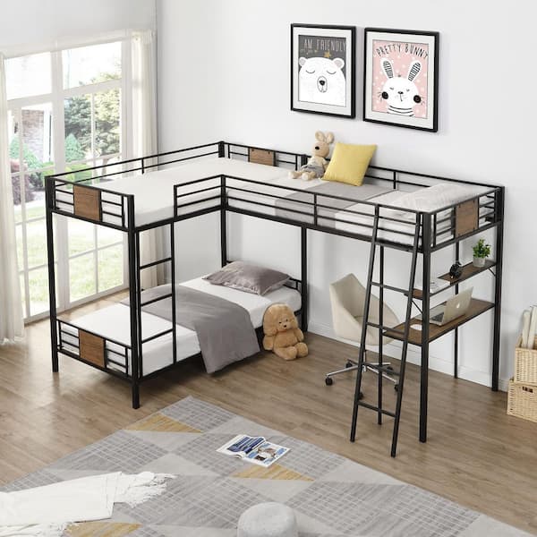 Black Metal L-Shaped Twin over Twin Bunk Bed with Twin Size Loft Bed