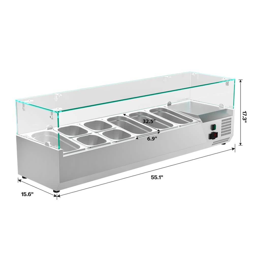 55 in. W 8-Pan 1.6 cu. ft. Commercial Countertop Refrigerator Condiment Prep Station in Stainless Steel