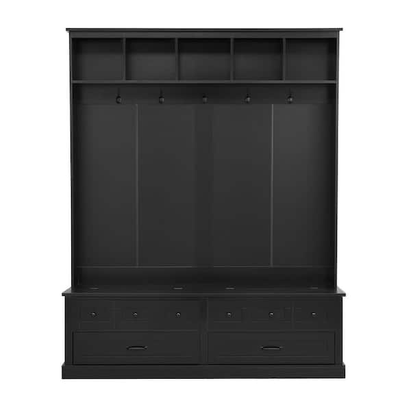 anpport Retro Black 74 in. H Hall Tree with 5 Hooks, Versatile Entryway Lift Top Storage Bench with 2 Drawers