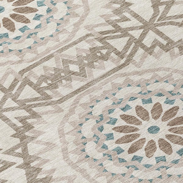 Beige, Brown, Teal Blue 8 ft. Round Woven Floral, Medallion Polyester Round Indoor/Outdoor Area Rug