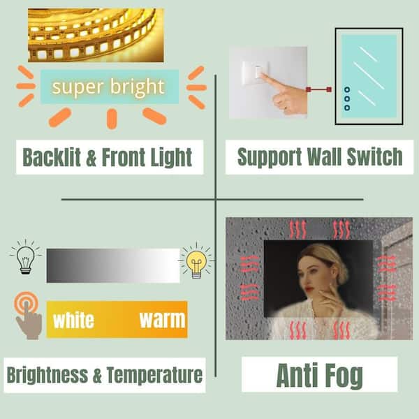 36 in. W x 48 in. H Black Rectangular Framed LED Anti-Fog Wall Bathroom Vanity Mirror with Backlit and Front Light