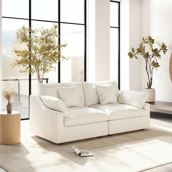 Modular Large Seat 83 in. Plush Linen Wood Framed Loveseat Cloud Couch Sofa in White with Washable Cover for Apartment
