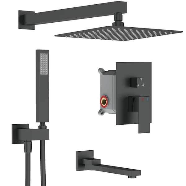 Single-Handle 3-Spray Hand Shower Tub and Shower Faucet with 12 in. Wall Mount Rain Shower Heads in Matte Black