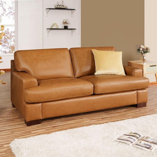HOMESTOCK Genuine Leather Loveseat Sofa Luxurious Comfort Square Arm Design Sturdy Block Legs Elegant Tan 11756HD