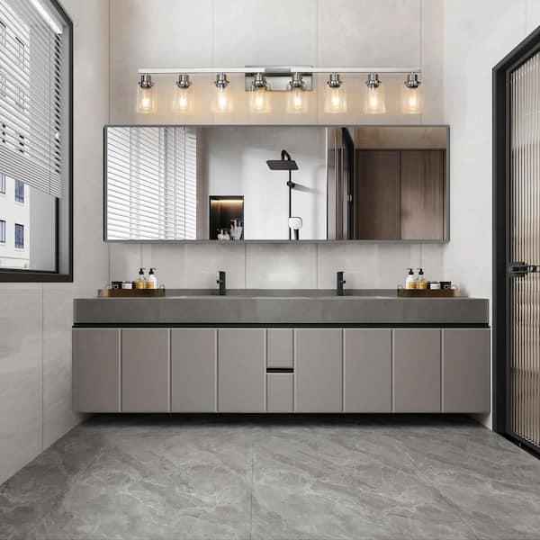 51 in. Modern 8-Light Brushed Nickel Vanity Light Over Mirror Bath Wall Lighting Fixtures with Clear Glass Shade