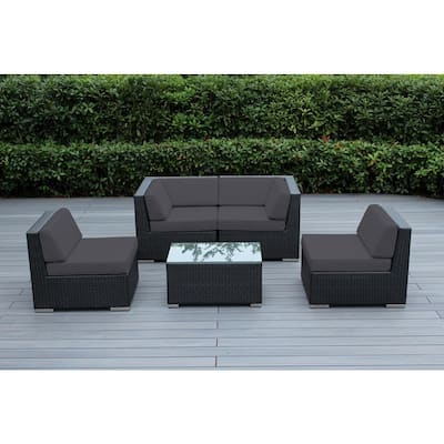 Black 5-Piece Wicker Patio Seating Set with Sunbrella Coal Cushions