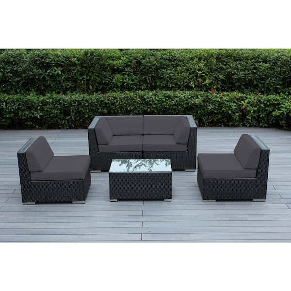 Ohana Depot Black 5-Piece Wicker Patio Seating Set with Sunbrella Coal Cushions