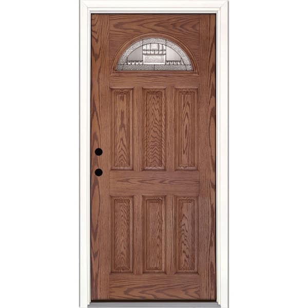 Feather River Doors 37.5 in. x 81.625 in. Preston Zinc Fan Lite Stained Medium Oak Right-Hand Inswing Fiberglass Prehung Front Door