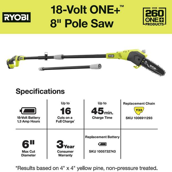 RYOBI ONE+ 18V 8 in. Cordless Battery Pole Saw with 1.3 Ah Battery 