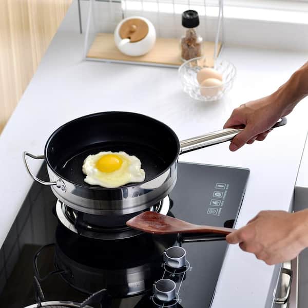12-piece Stainless steel cookware set milk soup pot frying pan kettle  non-stick wood grain glass lid