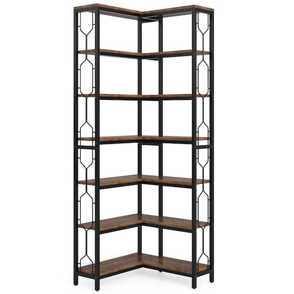BYBLIGHT Eulas 78.7 in. Tall Rustic Brown Wood 14-Shelf Corner Bookcase, 7-Tier Industrial Corner Freestanding Bookshelf Home
