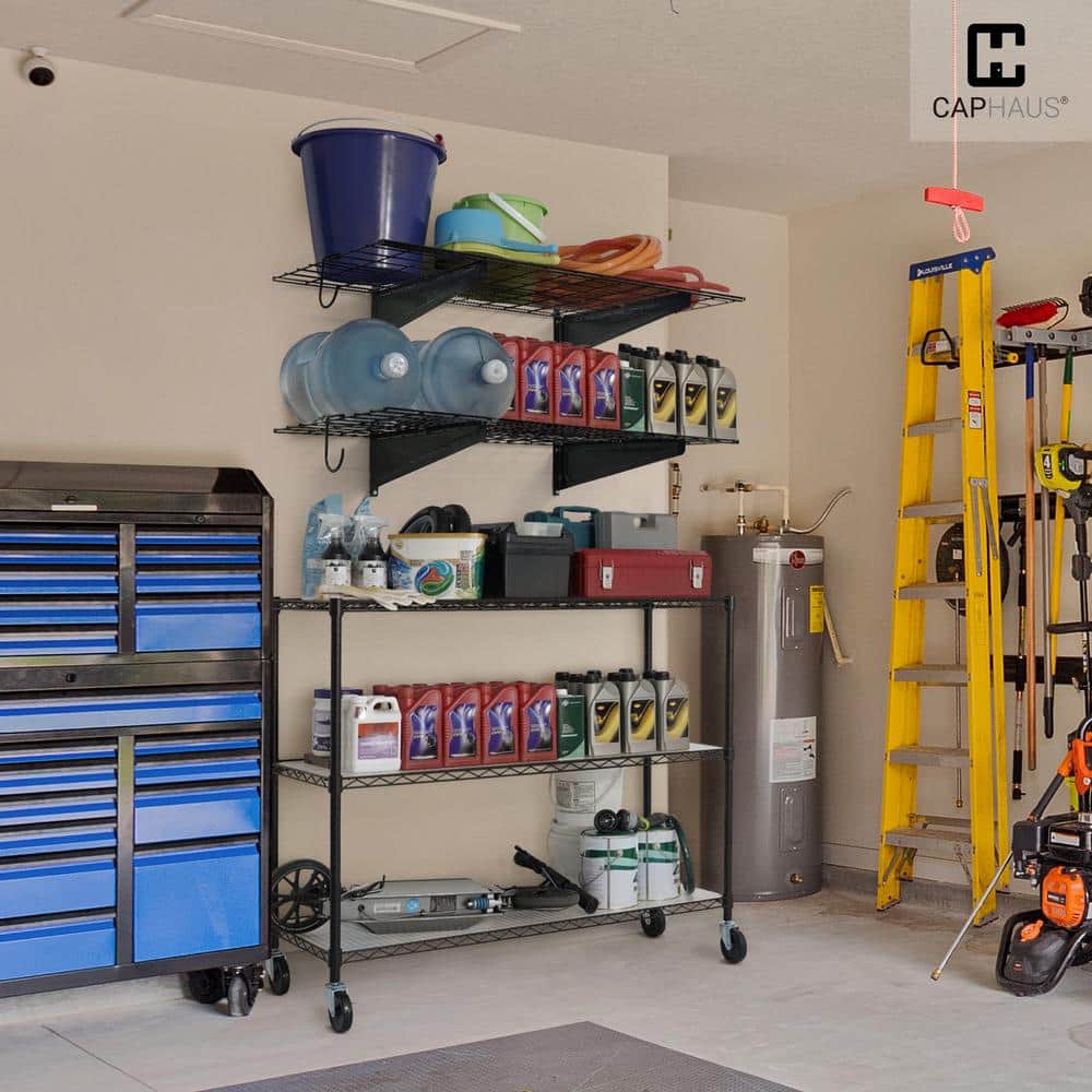 Black Metal Wall Mounted Garage Shelves with Hooks, 36" x 18"