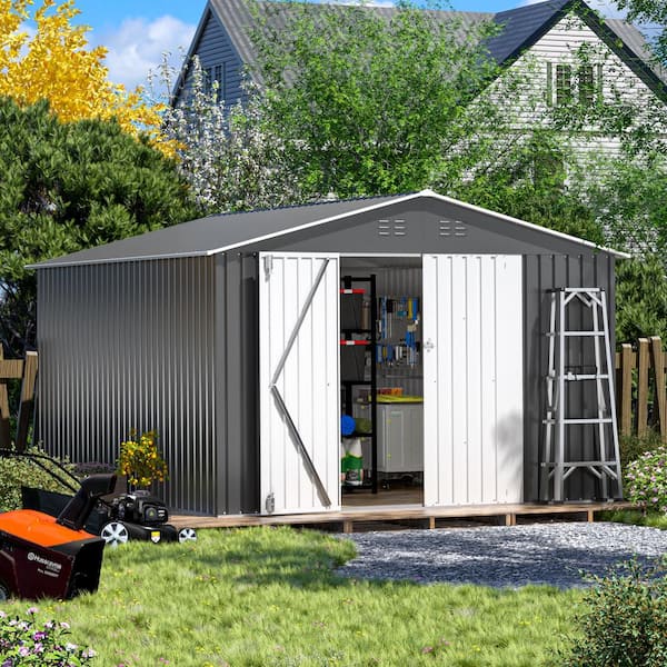 10 ft. W x 12 ft. D Gray and White Outdoor Galvanized Steel Frame Metal Storage Shed