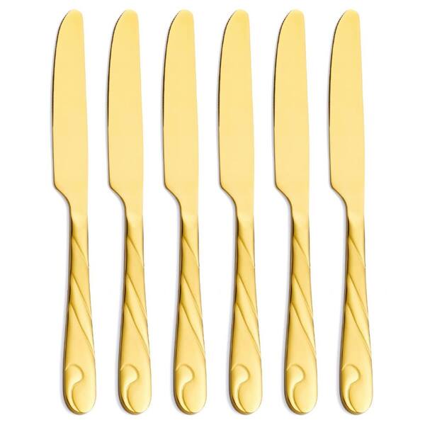 Gold Stainless Steel Dinner Knife Set with Mirror and Brush Finish 9.2-Inch Length Set of 6