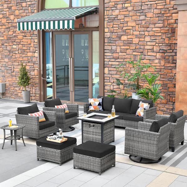 HOOOWOOO Mars Gray 9-Piece 7-People Wicker Patio Conversation Fire Pit Sofa Set with Black Cushions and Swivel Rocking Chairs