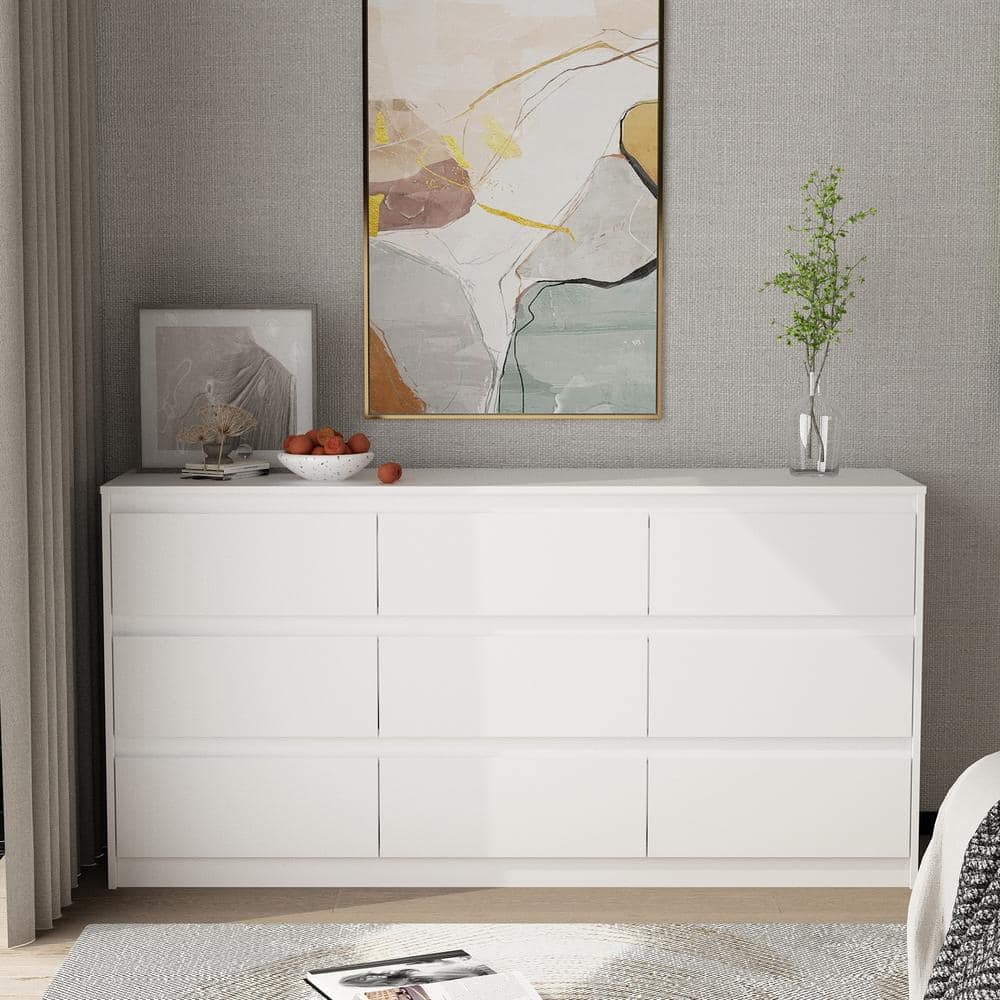 White MDF 9-Drawer Modern Bedroom Dresser